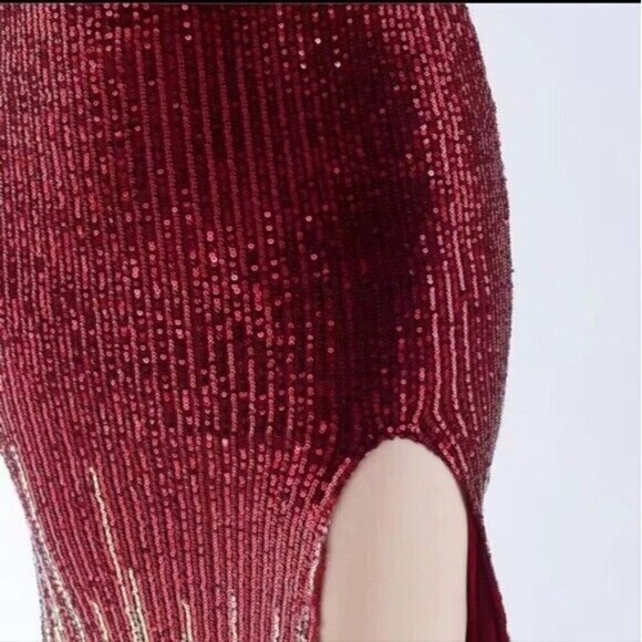 Crimson, One Shoulder Beaded,  Feather Neckline,  Sleeveless,  Sequined Gown - Picture 12 of 14